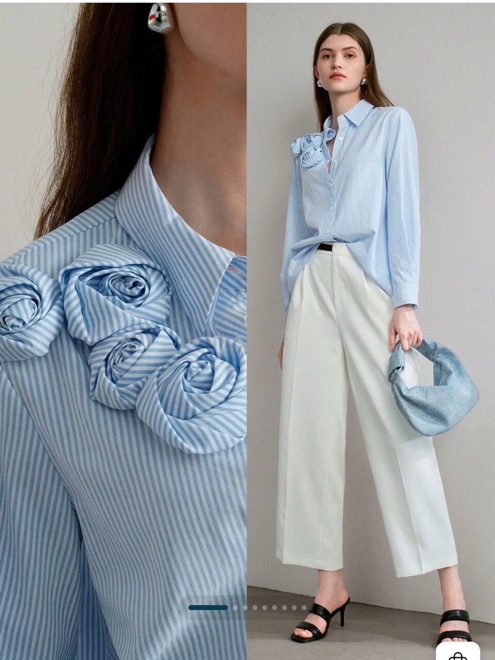 MOTF Light Blue Striped Rosette-Embellished Button Shirt